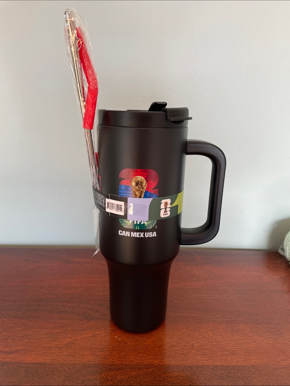 FIFA World Cup 2027 Black Travel Mug with Handle and Straw - CAN MEX USA NWT